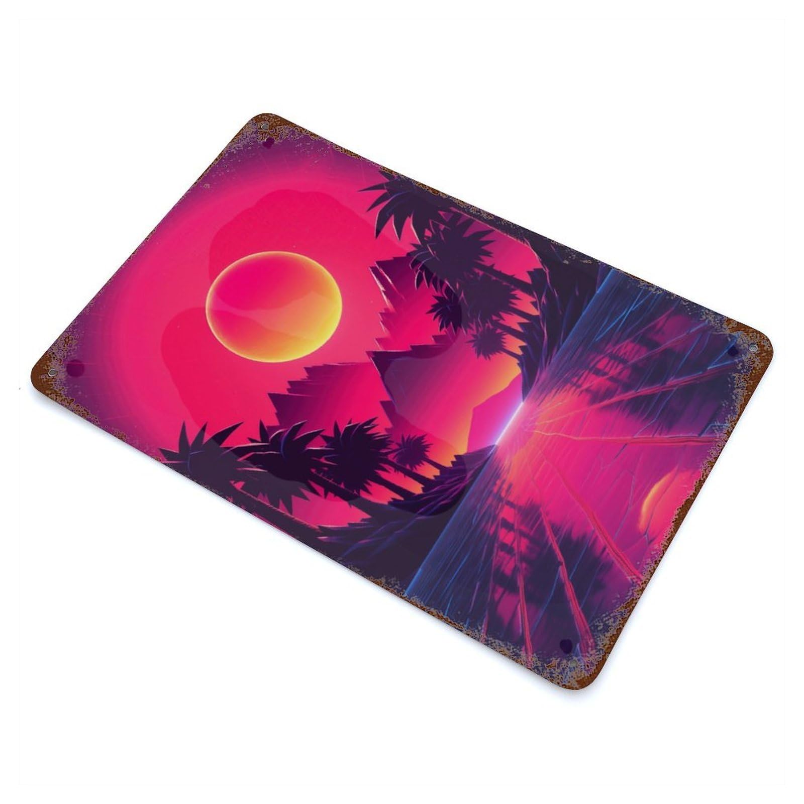 Synthwave Sunset Tropical Rustic Tin Plaque 11.8"x7.9", for Shed, Workshop And Garage Wall Decor, Rustic Home Decor