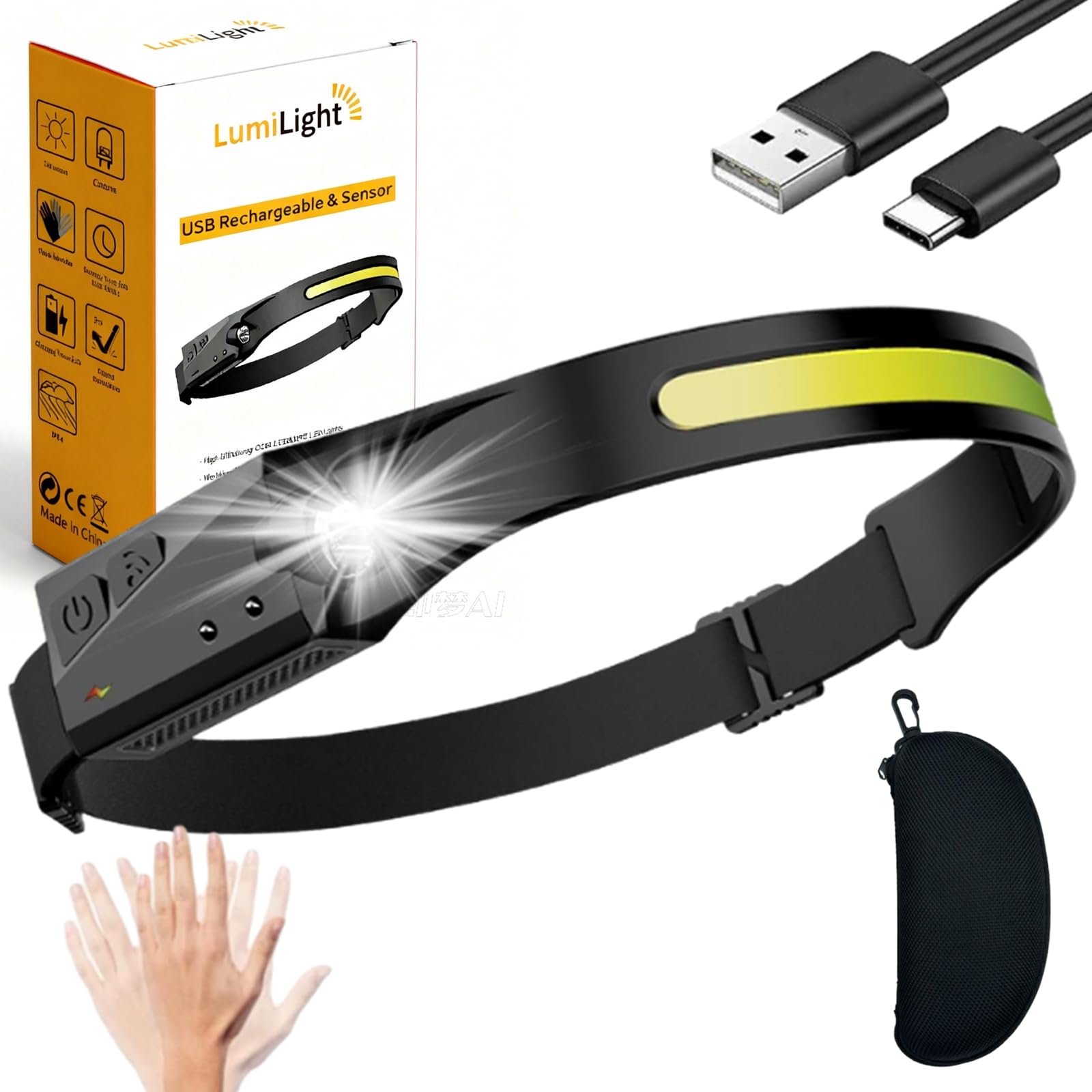 LumiLight LED Headlamp Rechargeable, Lumi Light LED Head Band Headlamp, 230° Wide Beam Head Lamp with Motion Sensor for Adults, 5 Mode Waterproof