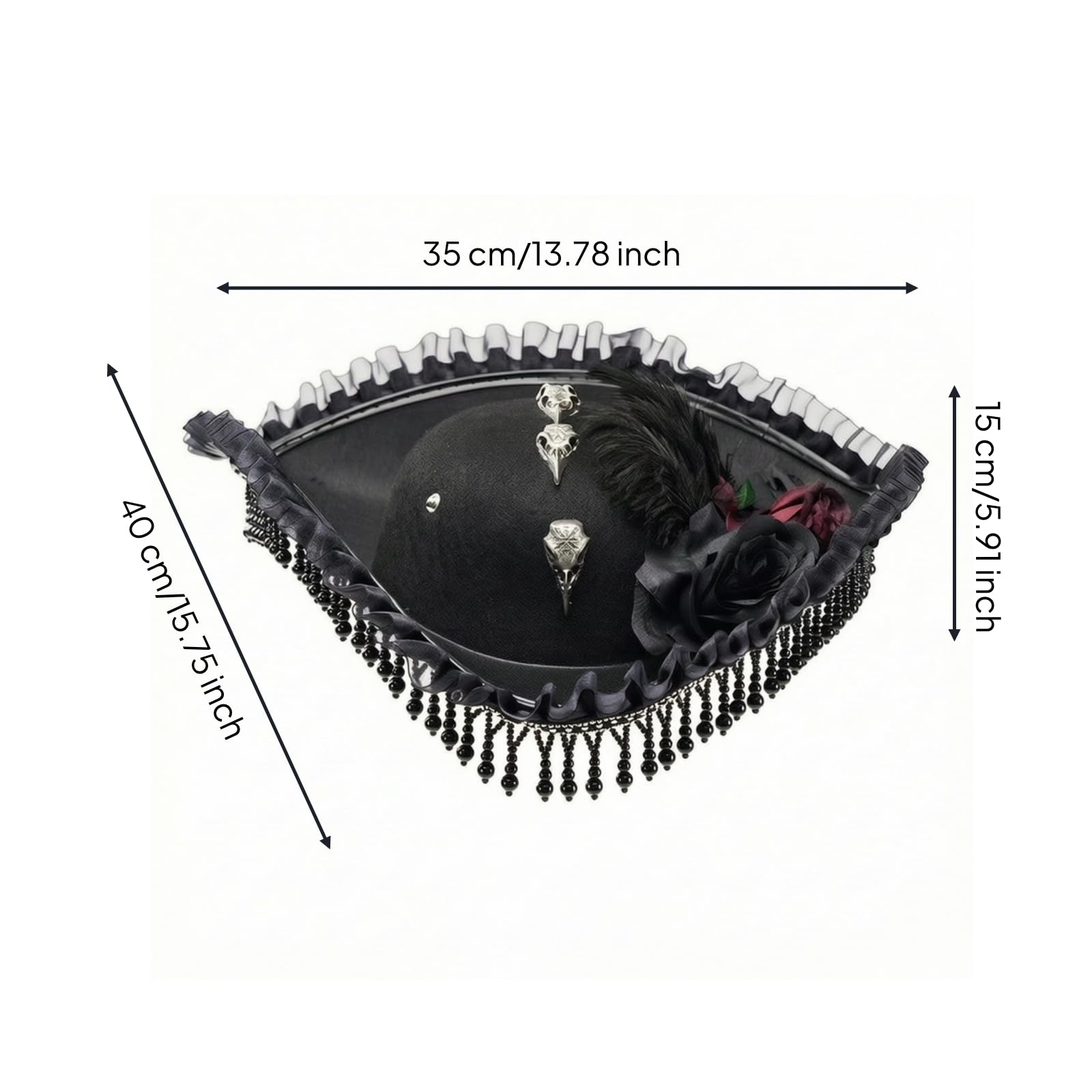 Cappello da Pirata con Teschio e Piume Strutturato Cappello da Pirata con Pennacchio Durevole a Tre Punte in Feltro per Carnevale