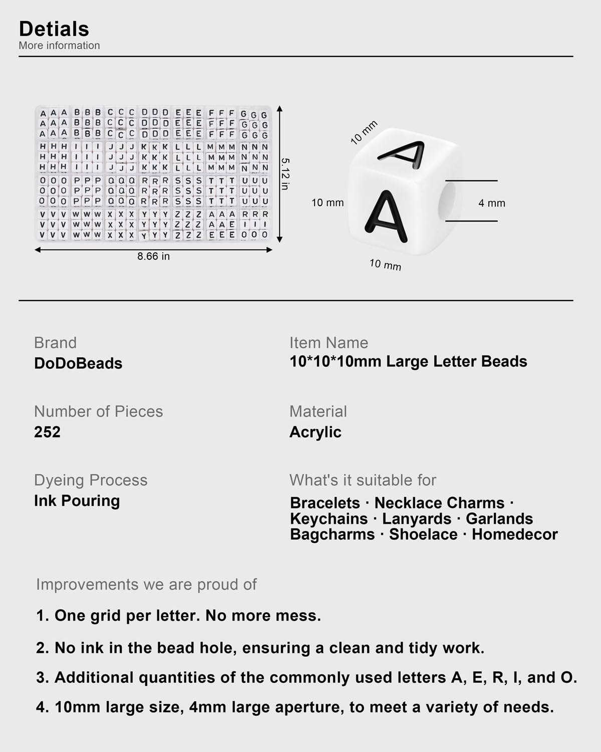 DoDoBeads 252 cuentas de letras grandes, cuentas cuadradas grandes para llaveros, cuentas de letras jumbo para dijes de bolsa, cordones, guirnaldas de vacaciones, cuentas grandes para decoración del