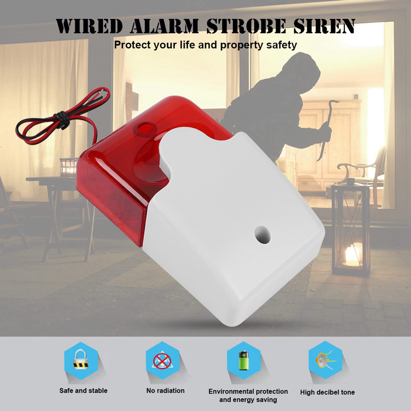 Wired Flashing Light Strobe Siren DC 12V,Red Light Sound Flash Buzzer Siren Home Security Alarm System,Wired Strobe Siren Sound Alarm Strobe Red Light