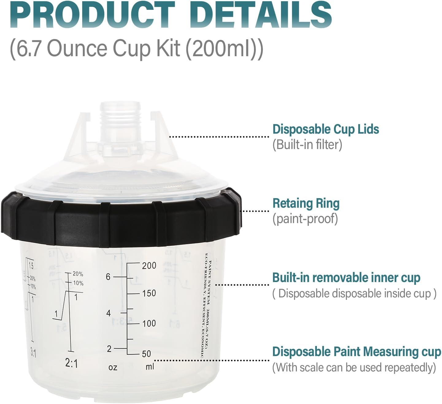 NIHAO Disposable Paint Sprayer Kit with 125 Mic 6.7 Ounce (200ml) Hard Cup, 50 Cup Liners, 50 Lids, 20 Plugs, 1 Retainer Ring Compatible Traditional Series Spray Gun