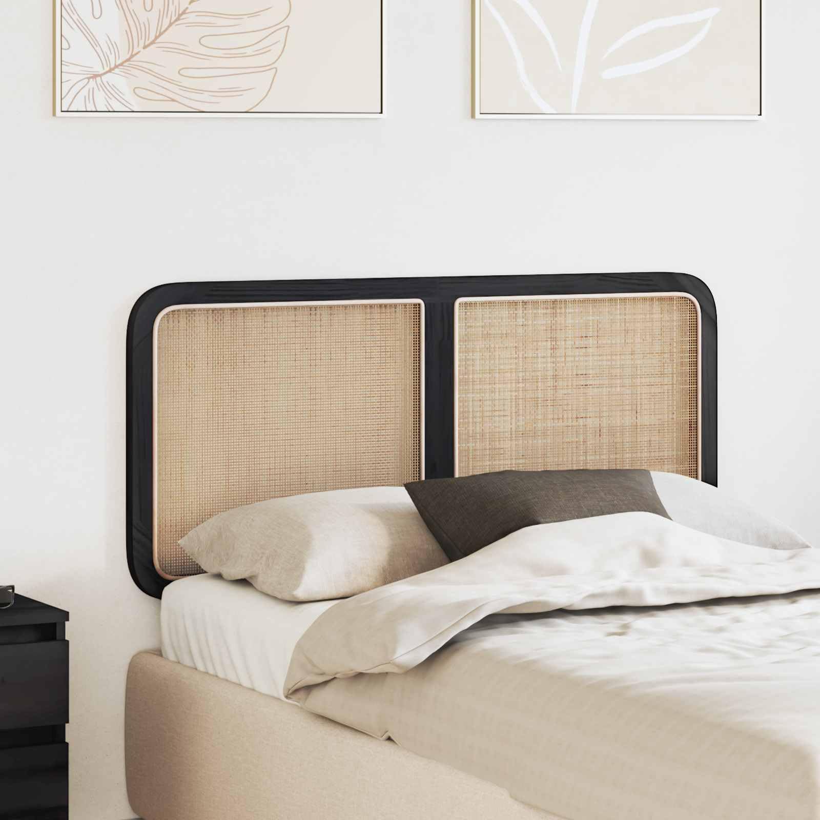 Cabecero de cama de madera maciza de pino negro, 120 x 55 x 3 cm, mimbre trenzado, cabecero de cama duradero para dormitorio, marco de cama