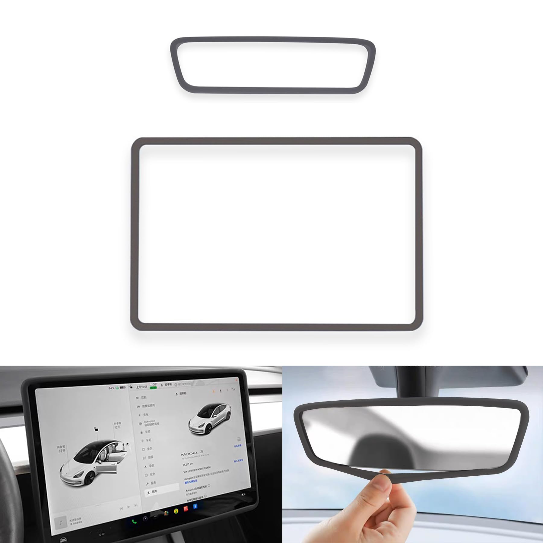SXunacou for 2017-2023 Tesla Model 3/2021-2024 Model Y Central Screen and Interior Mirror Protector Frame Interior Accessories (Gray-M3/Y-2pcs)