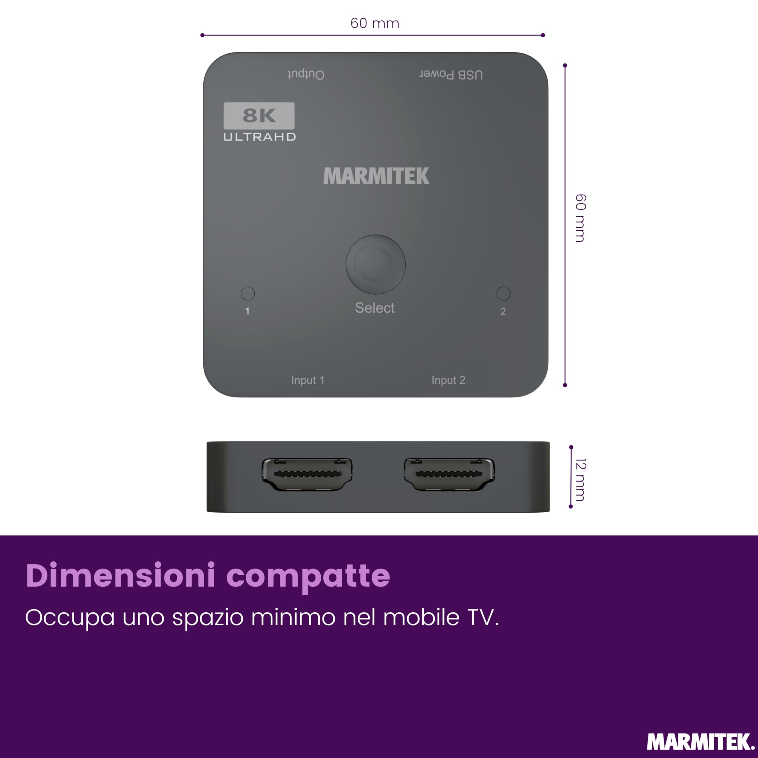 Switch HDMI 8K60 Marmitek AS28-4K120 gaming fluido - HDMI 2.1 2 ingressi 1 uscita - 48 Gbit/s VRR ALLM QMS QFT - commutazione automatica - selettore HDMI