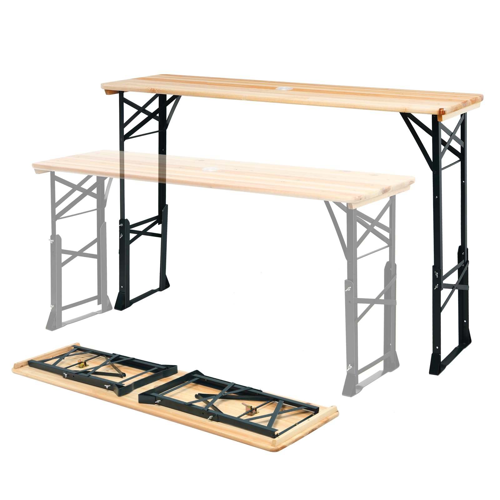 KOMFOTTEU Mesa Plegable de Camping de Madera Maciza, Mesa de Picnic con Orificio de Sombrilla y Altura Ajustable, para Jardín, Terreza, Picnic, Fiesta, 168,5 x 50 x 75/105 cm