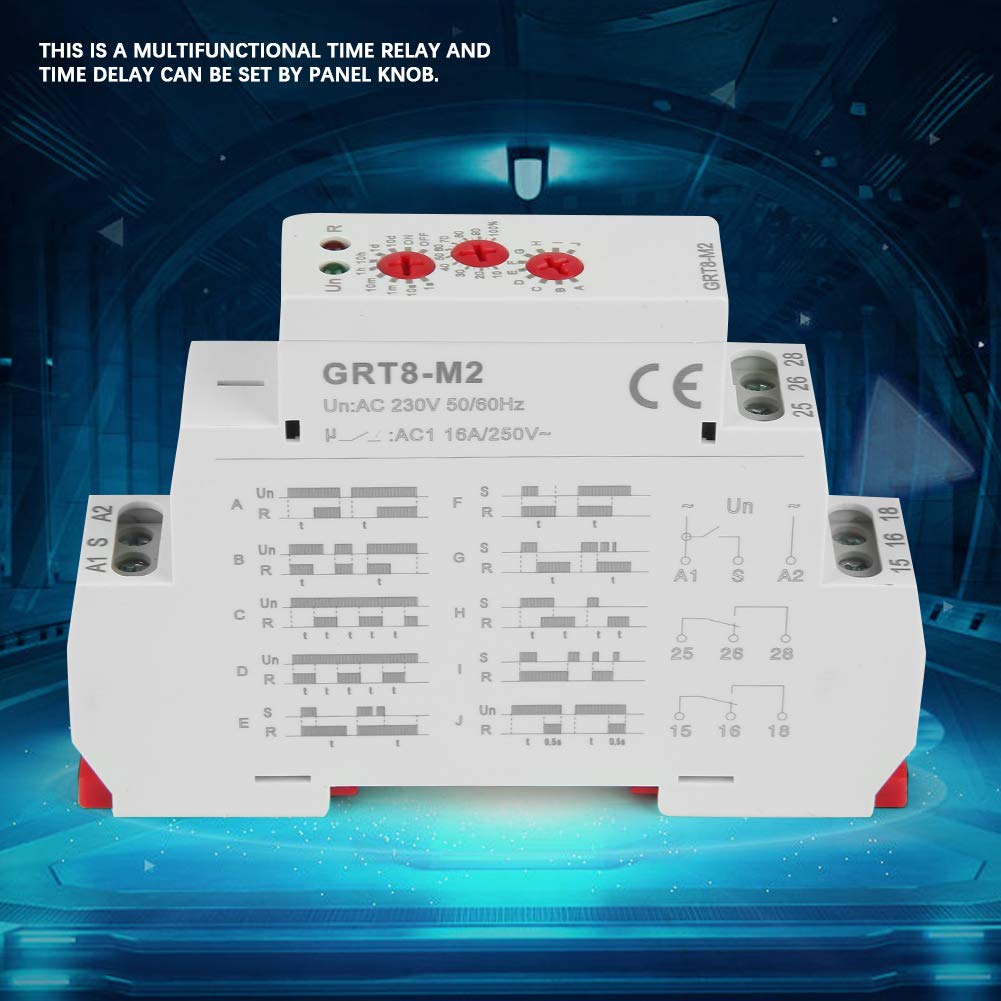 Relé de Retardo,Multifuncional Interruptor de Relé de Retardo GRT8-M2 Relé de Tiempo de retardo con 10 Funciones Relé de retardo AC 220 V Instalación en Carril DIN LED para Control Industrial