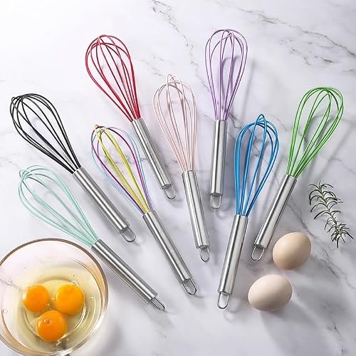 Ousyaah 5-Piece Silicone Whisk Stainless Steel Handle, 10-Inch Kitchen Egg Beater Milk Frothers for Cooking, Classic Mixer Balloon Wire Whisk for Blending, Whisking, Beating and Stirring (Dark Green)