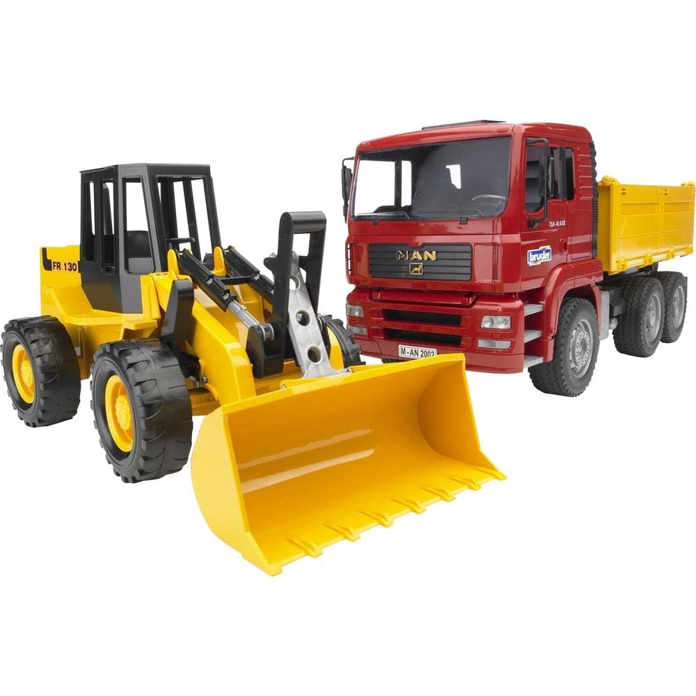 bruder 02752 - Man TGA Kipplastwagen mit Gelenkradlader FR130 - 1:16 Fahrzeug, LKW, Lastwagen, Muldenkipper, Radlader, Lader, Baufahrzeug, Baustelle | Baustellen Fahrzeuge, LKW, Lastwagen, Lader, Spielzeug ab 3 Jahren, Maßstab 1:16
