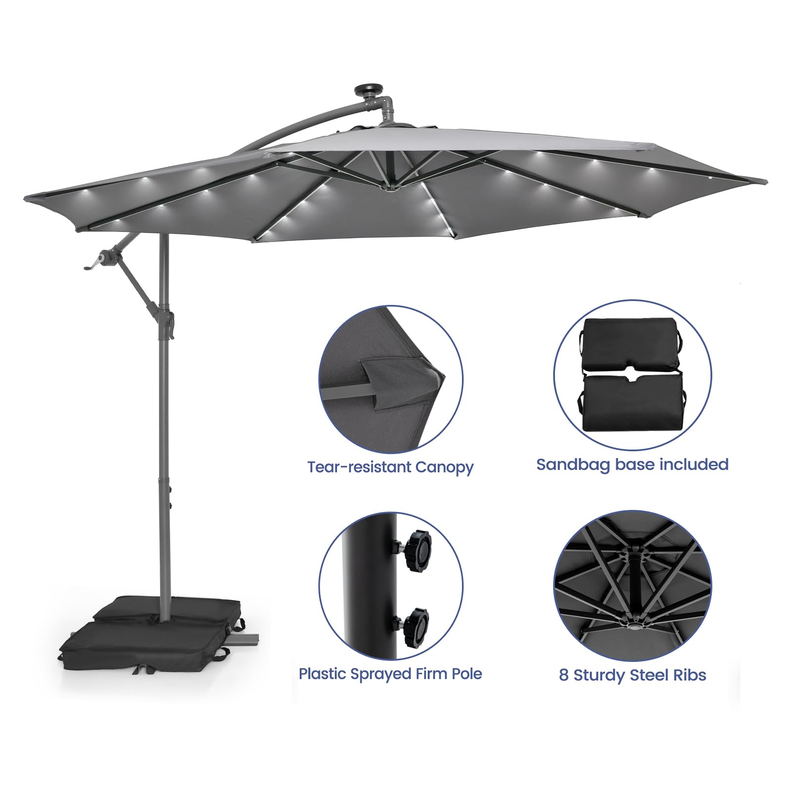 KOMFOTTEU Parasol Déporté Rond 3x3M inclinable, avec Pied & LED