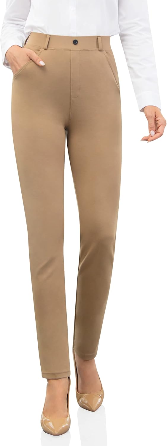 UUE Dress Pants for Women Business Casual Stretch Pull On Women's Work Pants with Pockets Straight & Skinny Leg X-Small Khaki-skinny-27in