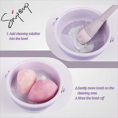 Miniatura 2 de Cuenco limpiador de brochas de maquillaje de silicona, tapete de limpieza de brochas de cosméticos 2 en 1 y soporte de secado de brochas de