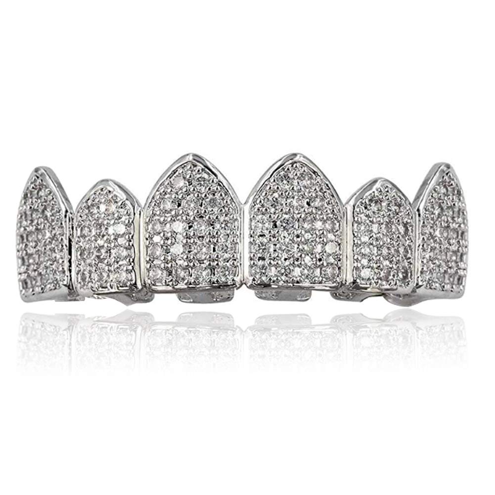 JINAO Grillz Diamond Grills for Your Teeth for Men Women 18K Gold Plated Iced Out Macro Pave Cubic Zirconia Mouth Grill with Extra Molding Bars Included