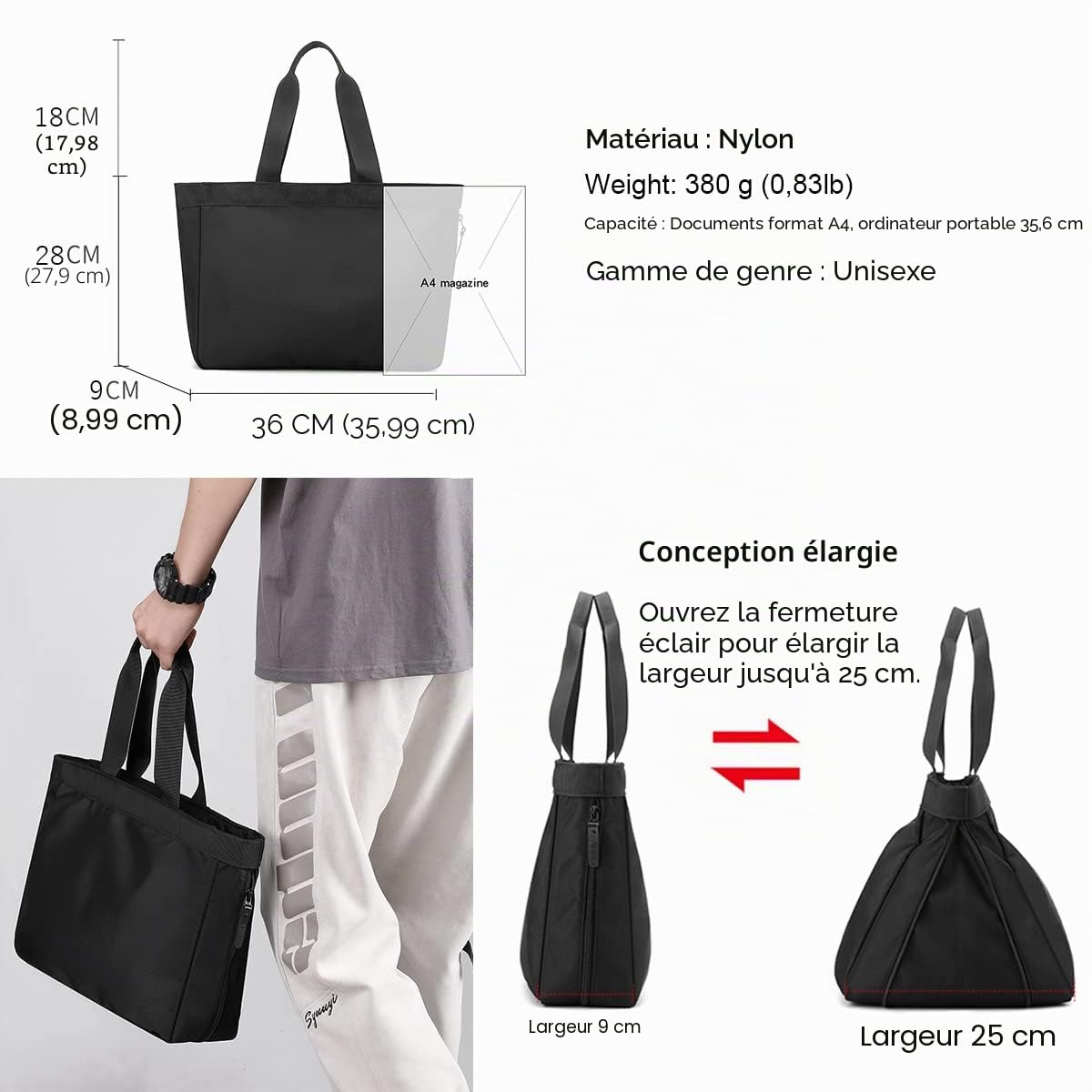 zhongningyifeng Sac fourre-tout pour homme de 14 pouces en nylon imperméable léger d'affaires décontracté noir sac à main pour le travail, l'école, les voyages, Noir, L