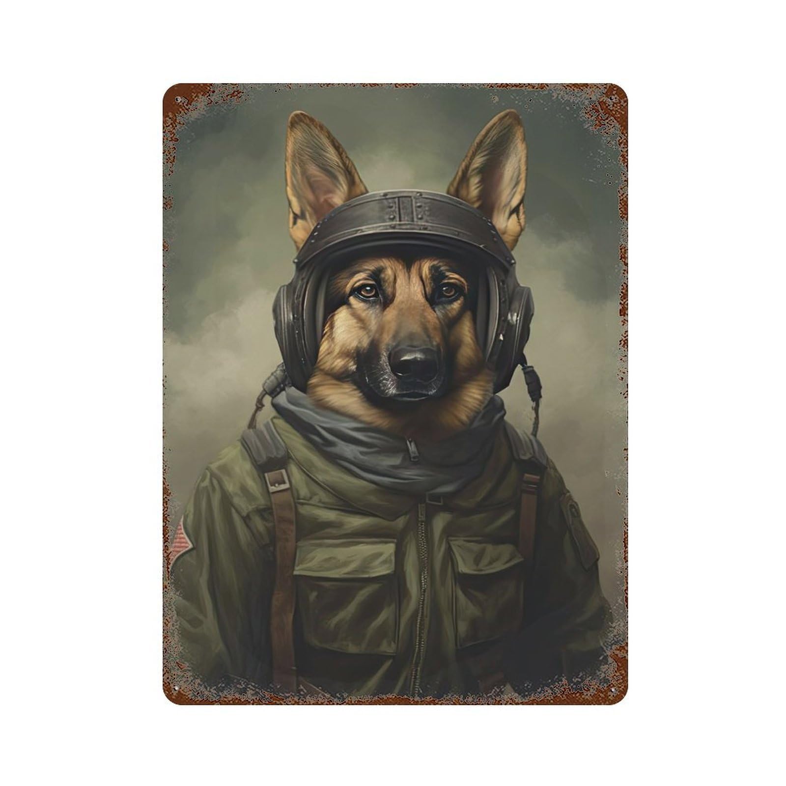 Rusty Metal Tin Sign German Shepherd Soldier 15.7"x11.8", Industrial Home Decor for Patio, Garden Room And Bar Decor