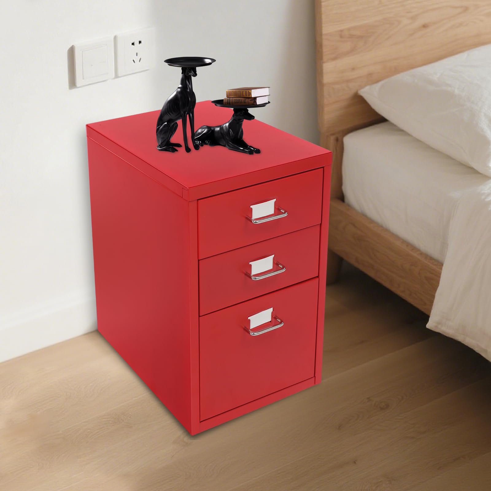 Armadietto mobile con 3 cassetti, raccoglitore sotto la scrivania, armadio in metallo con ruote, armadietto portaoggetti per casa e ufficio (rosso)