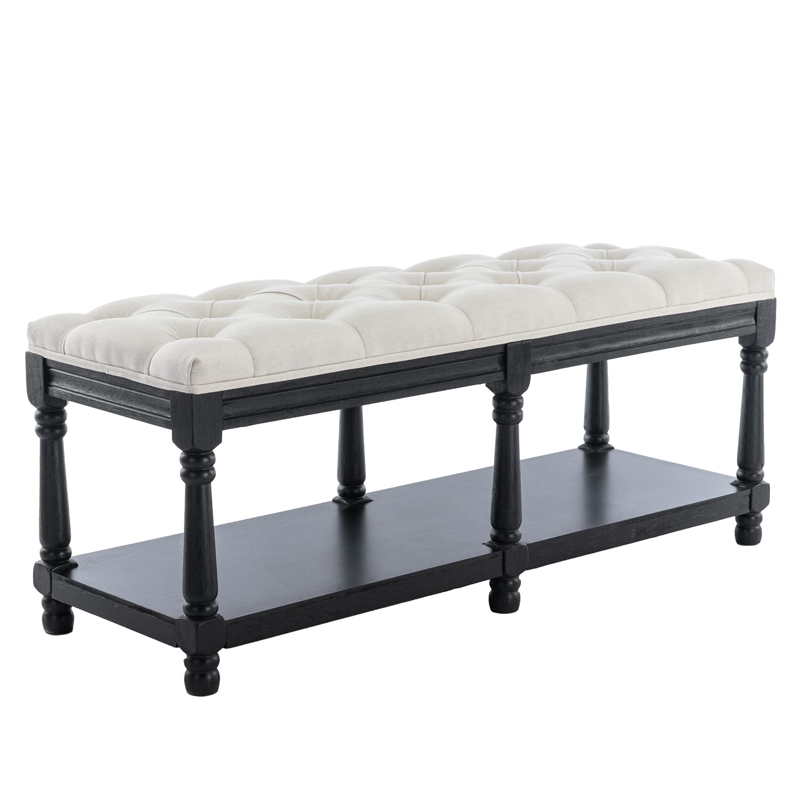 Mid-Century Tufted Linen Storage Bench
