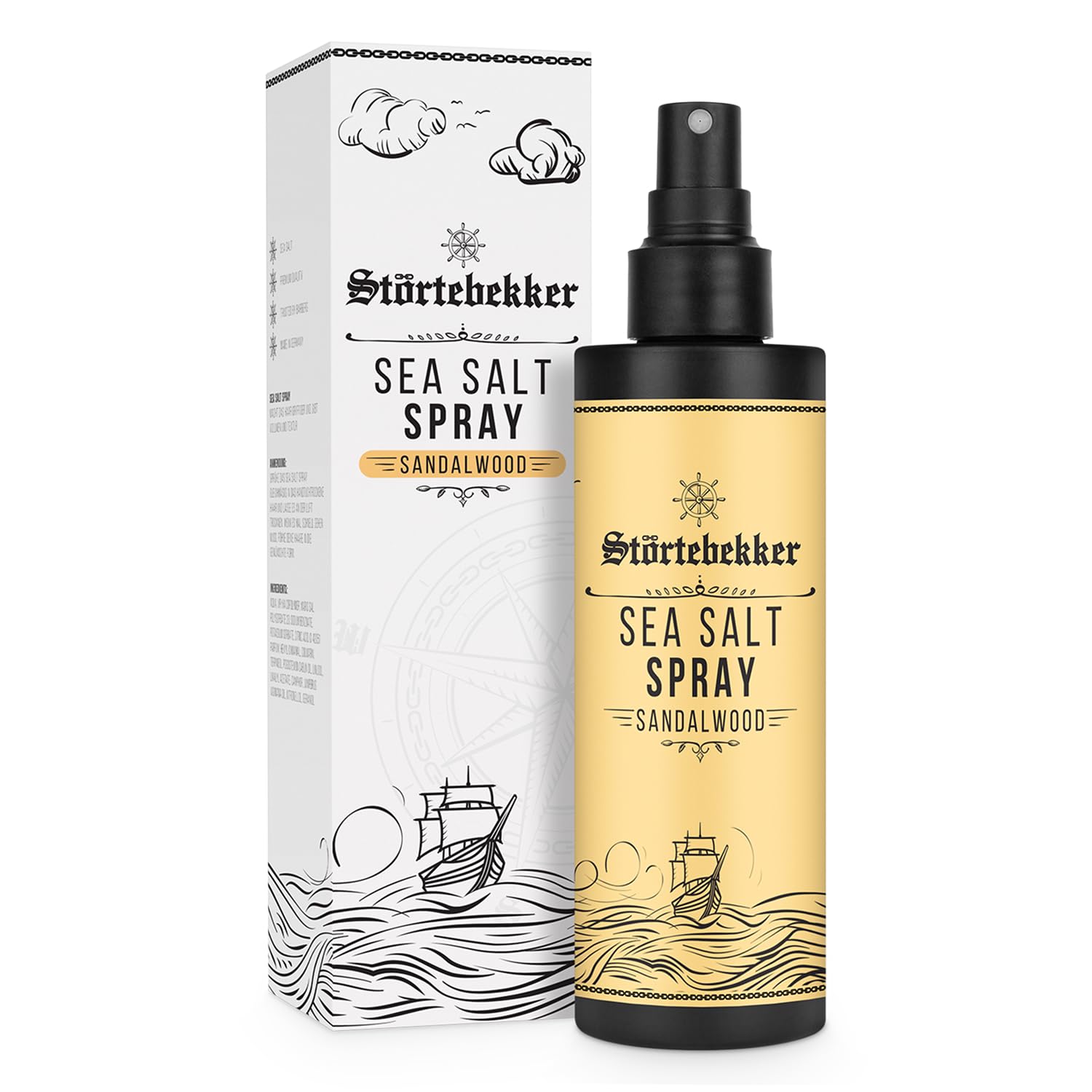 Störtebekker® Premium Sea Salt Spray Sandelholz – Salzwasserspray mit natürlichem Meersalz für Volumen, Glanz & flexiblen Halt – vegan, ohne Silikone & Parabene (200 ml) - Texture Spray Haare