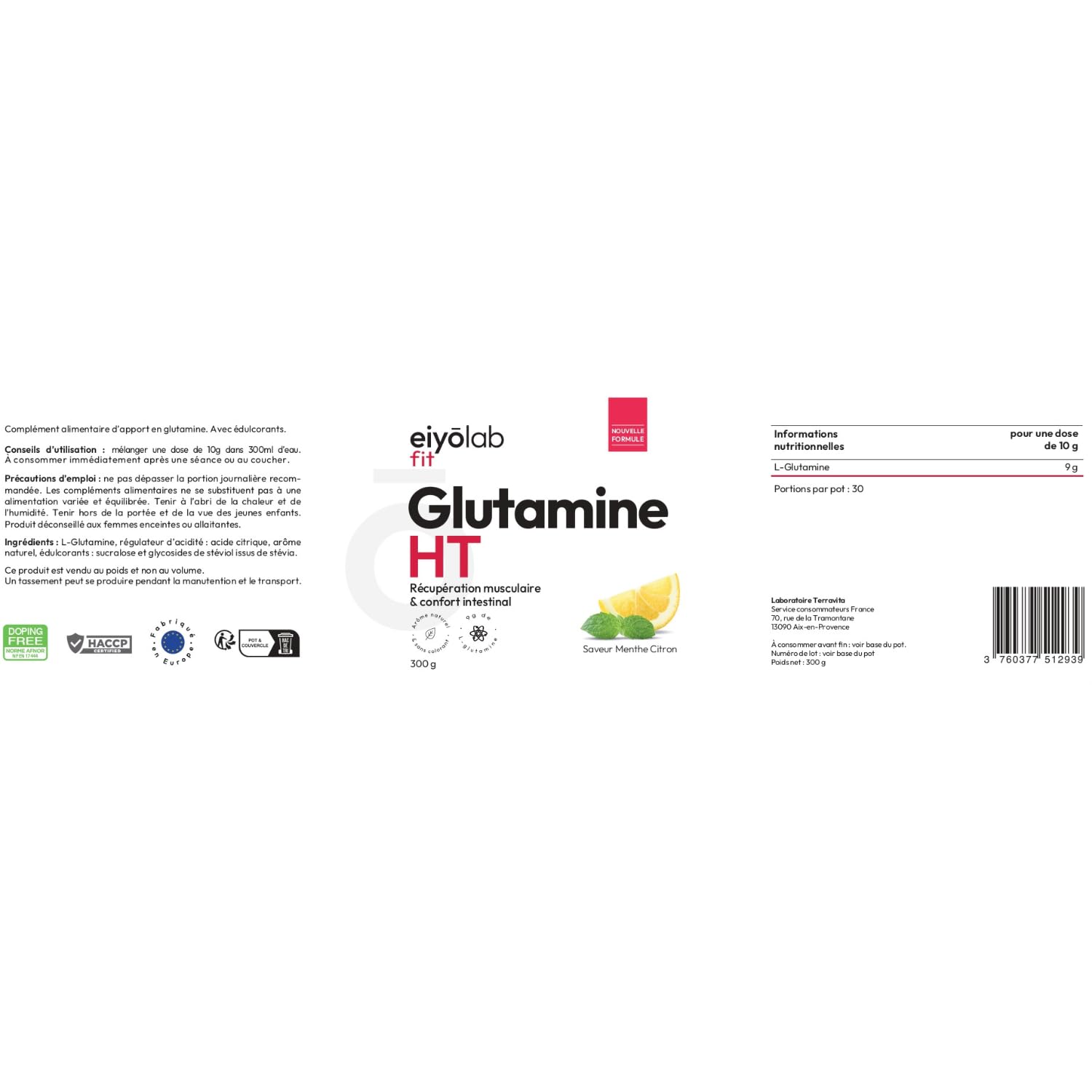 Glutamine HT | Poudre 100% Pure de L-Glutamine | 300 g | Récupération Musculaire et Santé Intestinale | 30 Portions de 10g | Acide Aminé Vegan et Sans Excipients | Goût Menthe Citron | Eiyolab