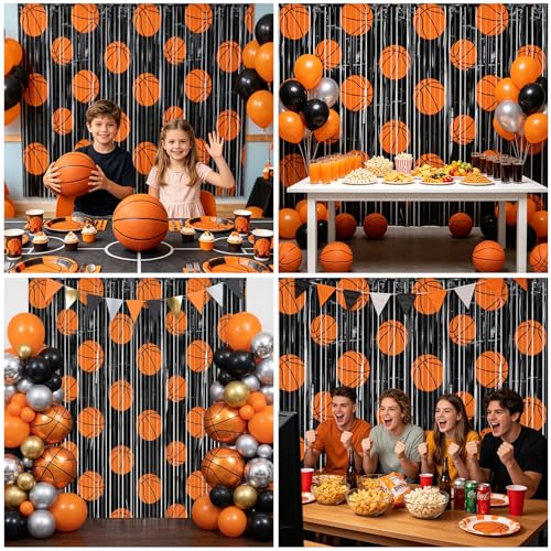 Image of 2 Packs Basketball Foil Fringe Curtain, Black Orange Basketball Pattern Metallic Tinsel Backdrop for Birthday, Baby Shower, Game Day, Team Celebrations, Sports Party Decorations Favor Supplies