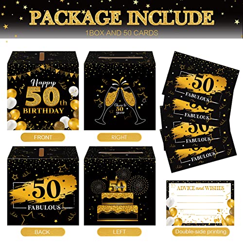 Image of Funrous 50th Birthday Party Message Card Box Cheers to 50 Years Black Gold Advice and Wishes Greeting Card Box for Men Birthday Decorations Party Supplies Anniversary Tables Sign Centerpieces Decor