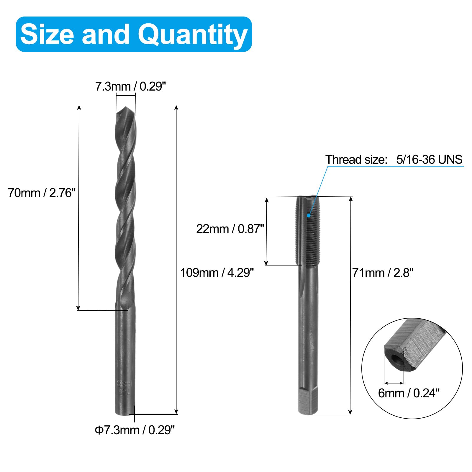 Set di Maschi e Punte da Trapano, 1 Maschio a Filettatura Dritta da 5/16-36 uns e 1 Punta elicoidale da 7,3 mm, Kit di Utensili per Filettatura e maschiatura HSS-6542 in ossido Nero