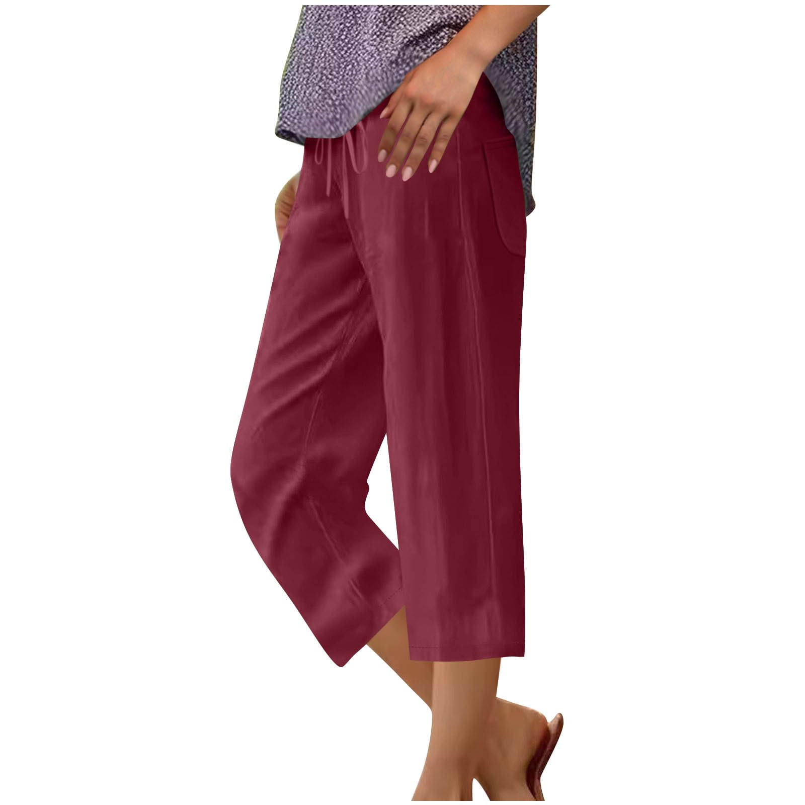 Linen Capri Pants for Women Summer Drawstring Wide Leg Cropped Trouser Casual Capris Beach Clothes with Back Pockets(Wine,3X-Large)