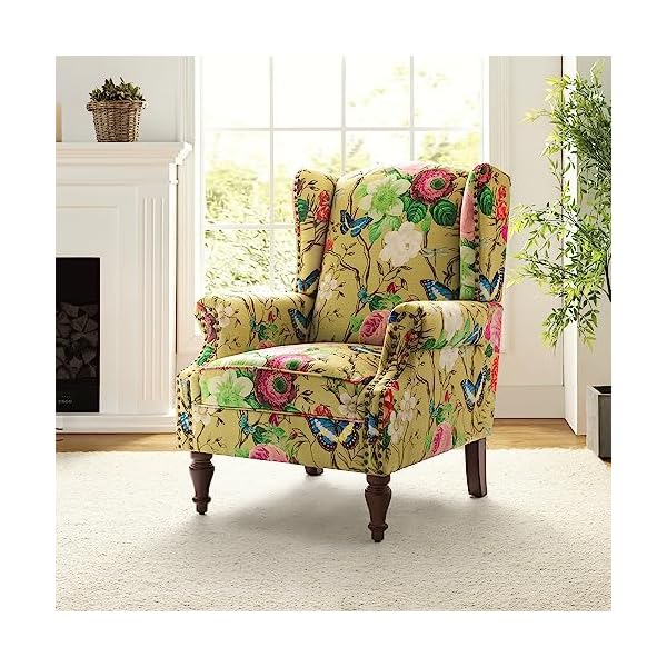 Hulala home wingback accent chair with floral pattern design traditional fabric armchair with nailhead trim and retro wooden legs mustard  urban country home decor