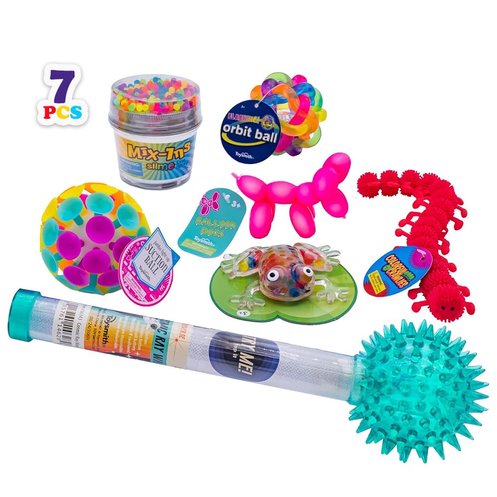 Toysmith Sensory Bundle – Cosmic Ray Wand, Jumbo Suction Ball, Flashing Orbit Ball, Balloon Dogs, Mix-Ins Slime, Plastic Bead Filled Frog, and