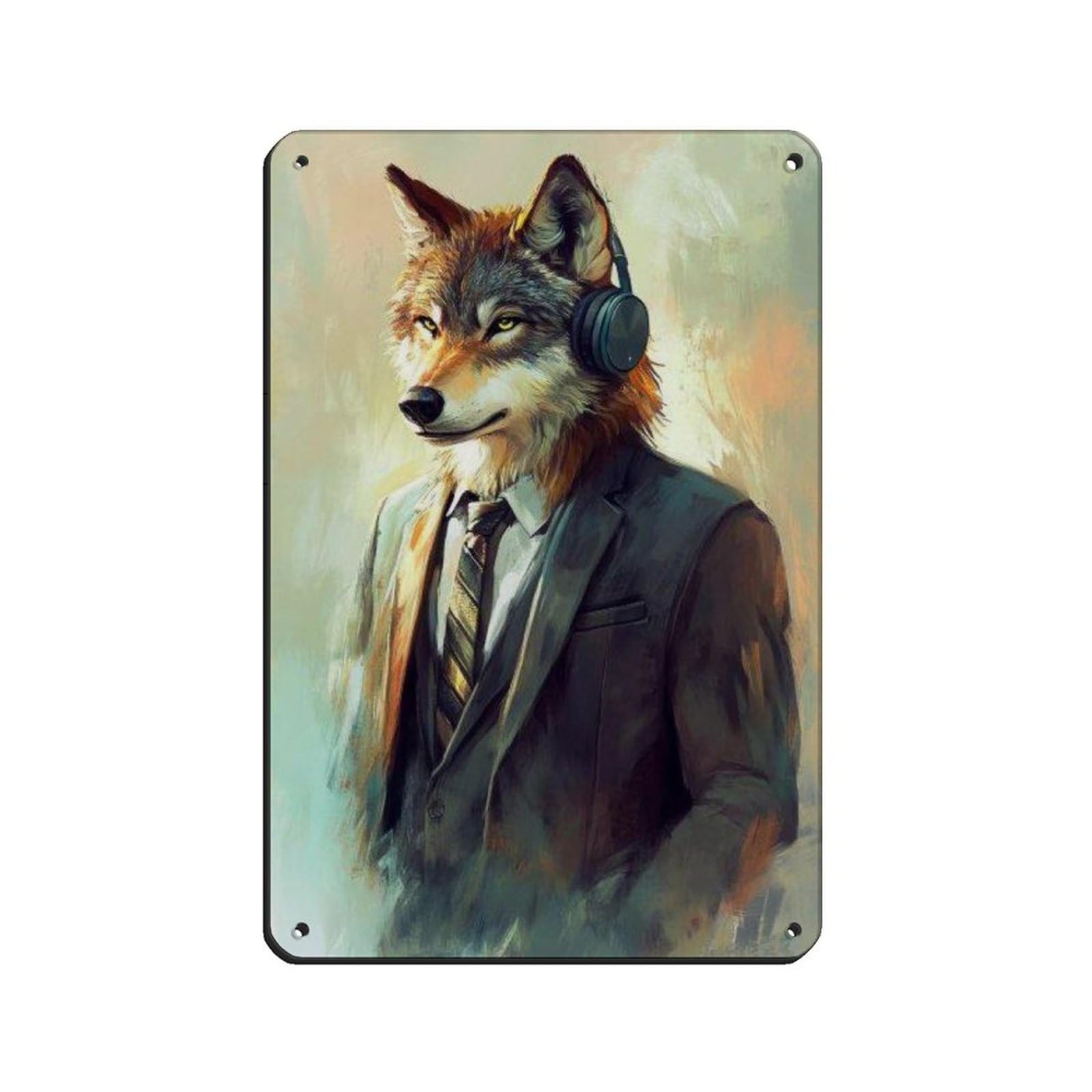Lxwnze 20L X 30W Cm Wolf In Suit With Headphones Tin Sign Vintage Metal Pub Club Cafe Bar Home Wall Art Decoration Poster Retro 8X12inch(20X30cm)