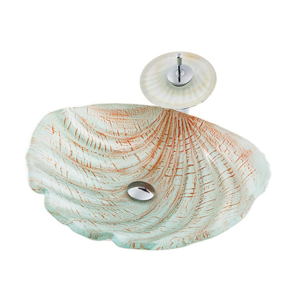 ADERFETBI Bathroom Sink Bathroom Vessel Vanity Sink Tempered Glass Art Washbasin Seashell Countertop Basin Simple(Sink set)