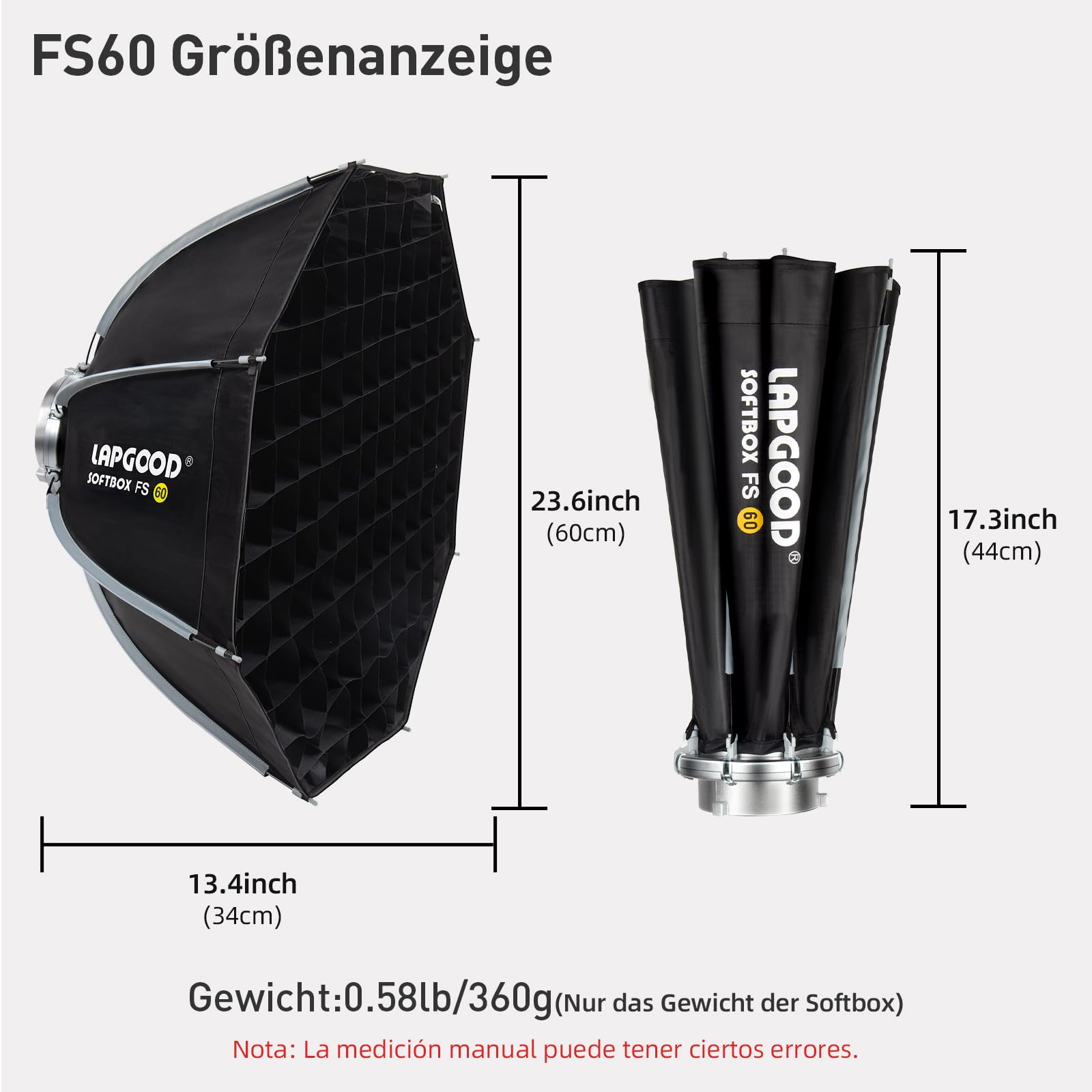 Bowens Mount Softbox 60cm LAPGOOD FS60 Softboxen, Quick Release Faltbare Softbox mit Honeycomb Gitter, S-Typ Blitzhalterung, Bowens Mount und Tragbartasche, Soft Box für Studio Photography Video Blitz