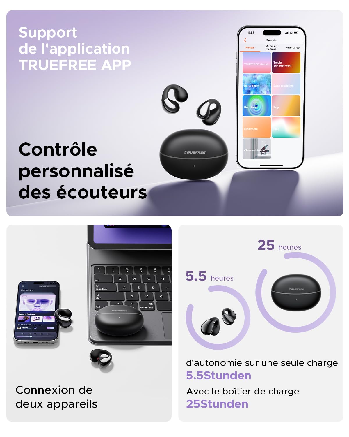 truefree B1 Écouteurs Bluetooth sans Fil, Casque à Clip Ouverts, Écouteurs Sport, Bluetooth 5.4,Confortables, 3D Son Clair, EQ Dynamique, APP, Léger et Stable Seulement 5 g, 25 h de Temps de Lecture
