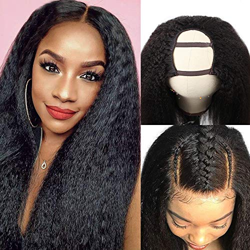 150% Kinky Straight U Part Wig Brazilian Human Hair for Black Women Italian Yaki Wigs Full Head U-part Hair Extension Clip in Half Wig (20inch, U part Lace Wig)
