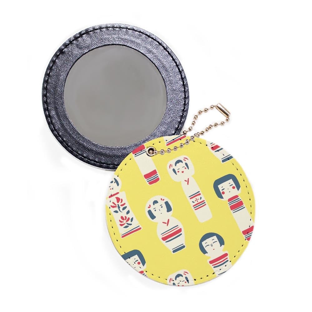 Kokeshi Doll Sliding Mirror Compact Ball Chain Traditional Craft Yellow Japan