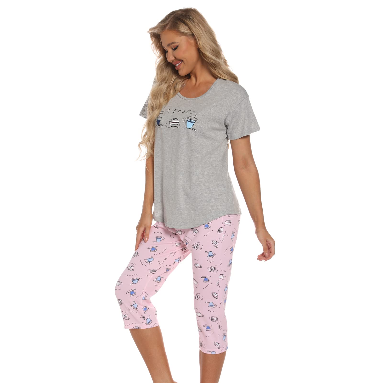 Set Pigiama Donna Estivo Pigiama Cotone Maniche Corte e Pantaloni Cropped Indumenti da Notte per Casa