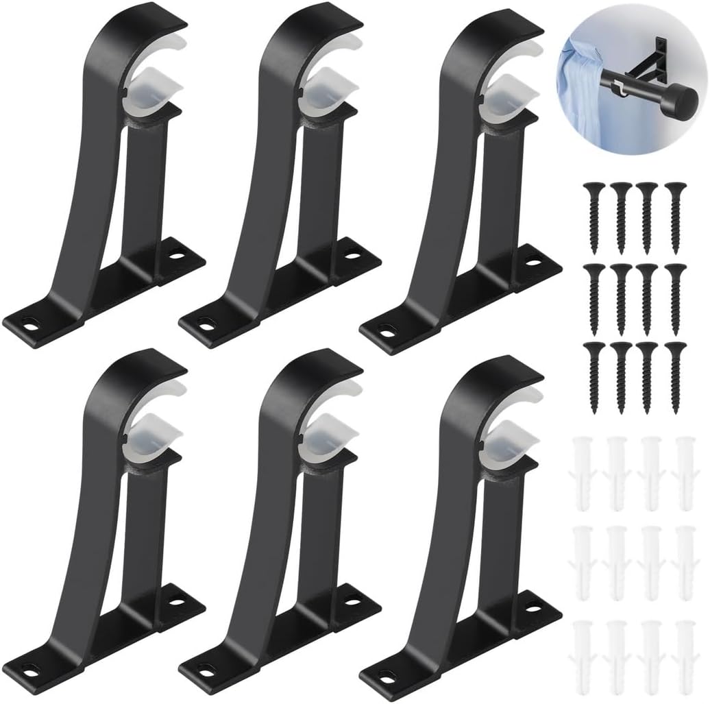 Aluminum Alloy Hooks for Curtain Rods, 6 Pcs Heavy Duty Drapery Rod Holders, Single Curtain Rod Hanging Support, Wall Mounted Curtain Rod Bracket for 0.9 to 1.1 Inches Curtain Rods