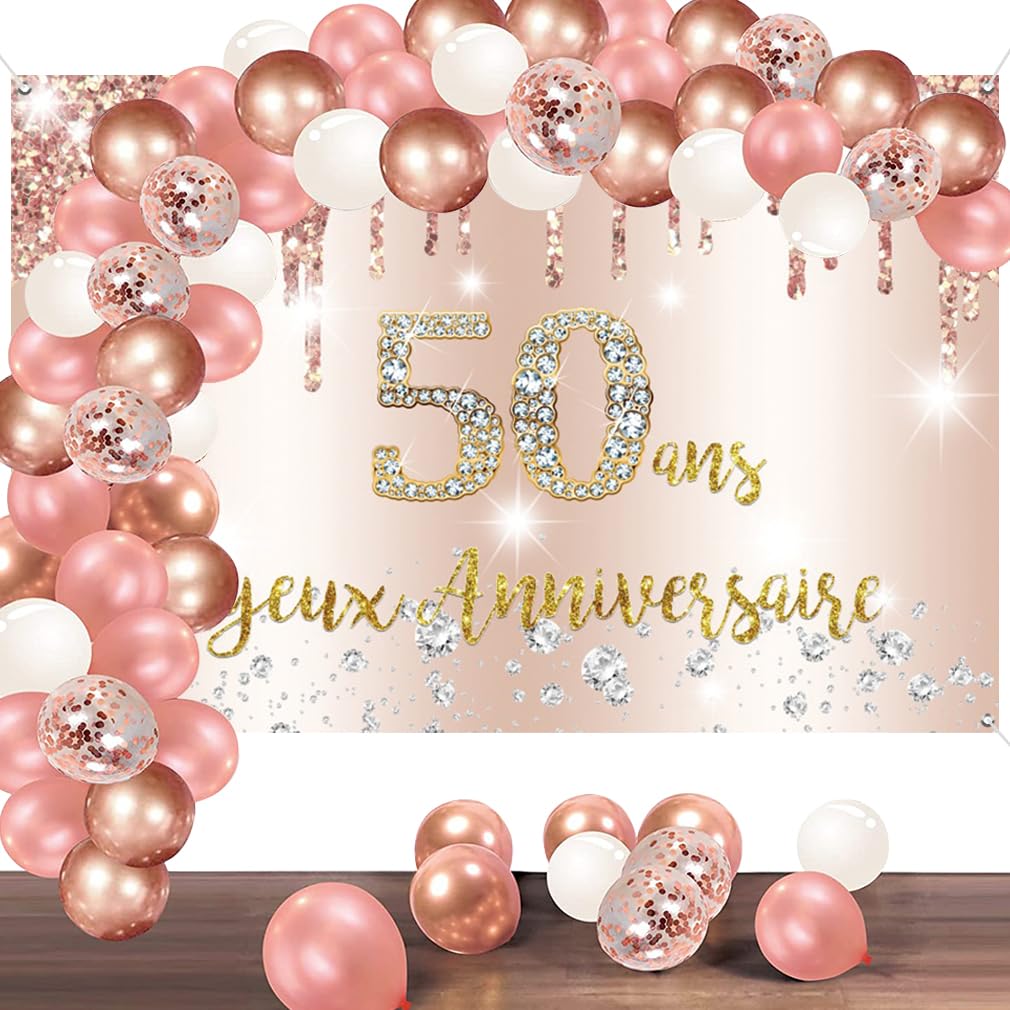 Bng-bng Decorazioni Festa 50° Compleanno In Oro Rosa - Striscione Happy 50th Birthday E 6 Vortici Con Numero 50 Per Donne