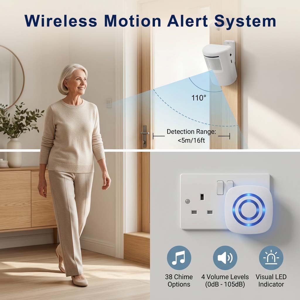 Sonnette sans Fil Détecteur de Mouvement PIR pour Magasin et Bureau | Kit avec 1 Récepteur Et 1 Capteur, 38 Mmélodies, 3 Niveaux de Volume, Idéal pour Surveiller l’entrée de Maison