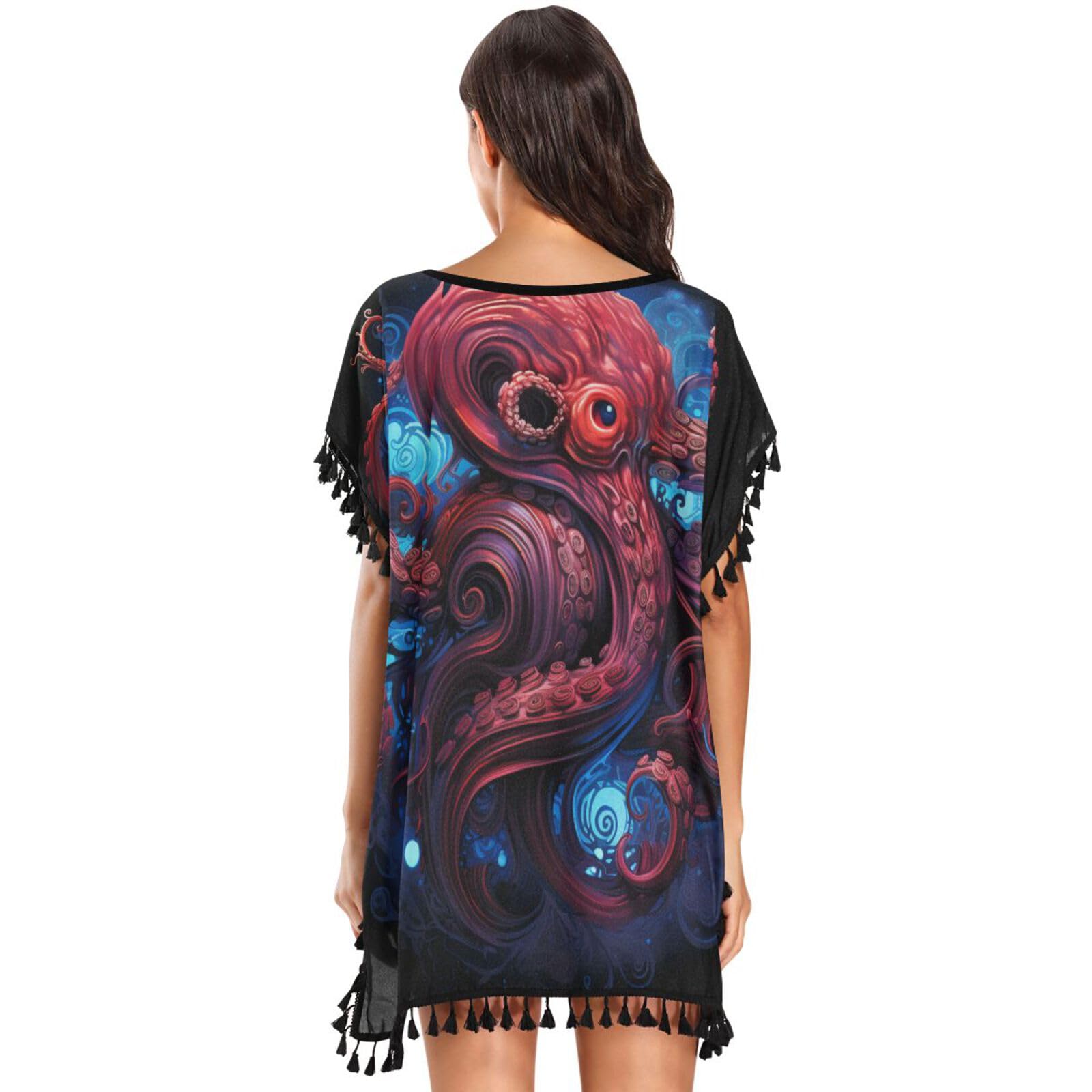 Octopus Dark Blue Art Women's Beach Cover Up Chiffon Tassel Swimwear Swimsuit Coverups for Girl