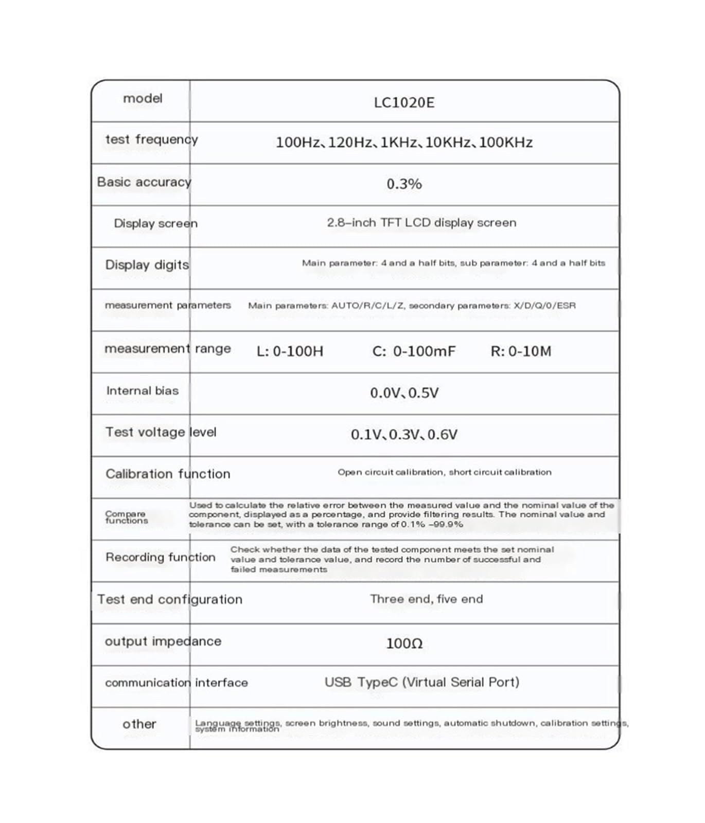 LC1020E Medidor de puente digital LCR portátil de 100 Hz-100 kHz