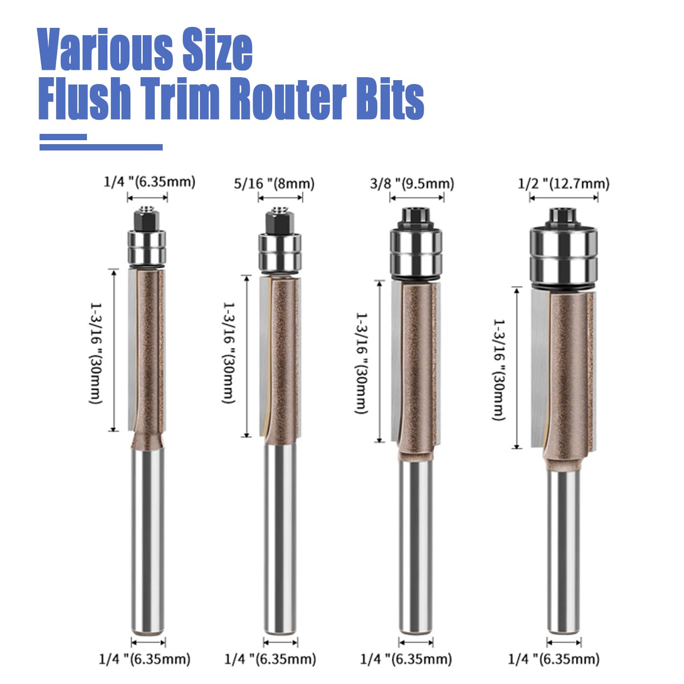 Mesee 4Pcs Top Bearing Flush Trim Router Bit Set 1/4" Shank 3-Flute Flush Trim Bits with Double Bearings Woodworking Carbide Tipped Triple Flute Template Pattern Trimming Cutter - Image 2