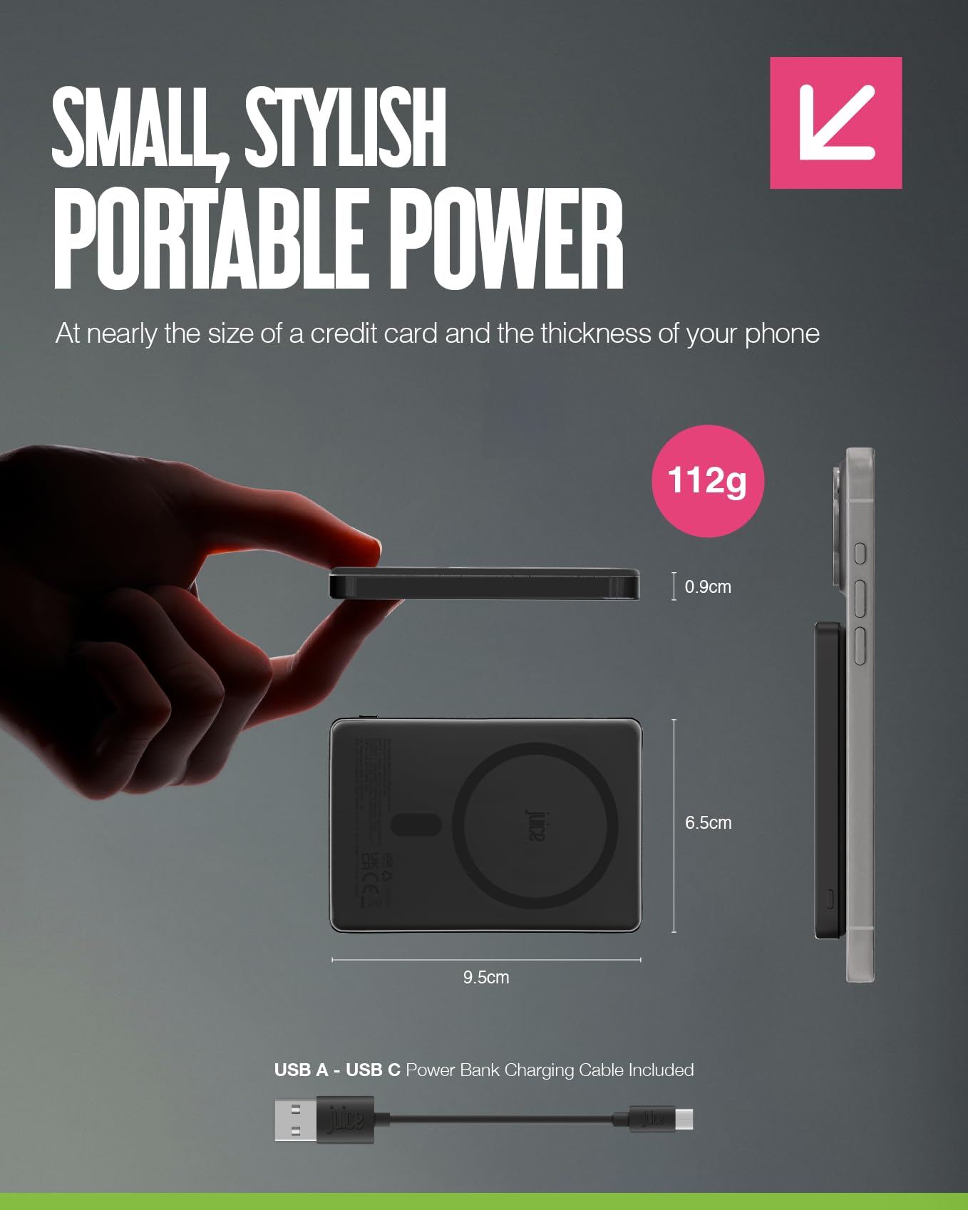Juice Power Bank Slim 5.000 mAh Magnetico Wireless - Ricarica Wireless 15 W, Ricarica Rapida USB‑C, Batteria Portatile per iPhone & Dispositivi Qi - Nero