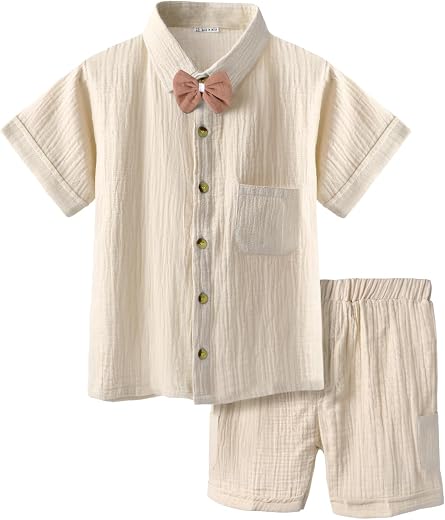 Bold N Elegant Kids Linen Solid Shirt & Shorts Co-Ord Set|Stylish Party Short-Sleeve Shirt With Bow & Comfy Shorts|Cool & ...