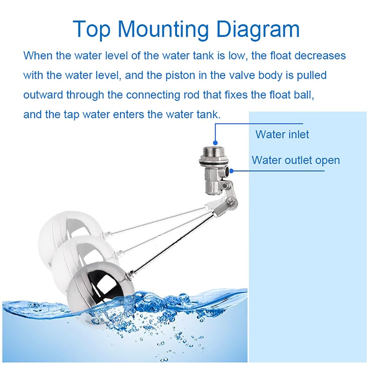 Válvula de bola flotante para tanques de agua, válvula flotante automática de metal para agua fría y caliente, control de nivel de líquido para piscinas y tanques, compatible con 1/2 a 2 pulgadas