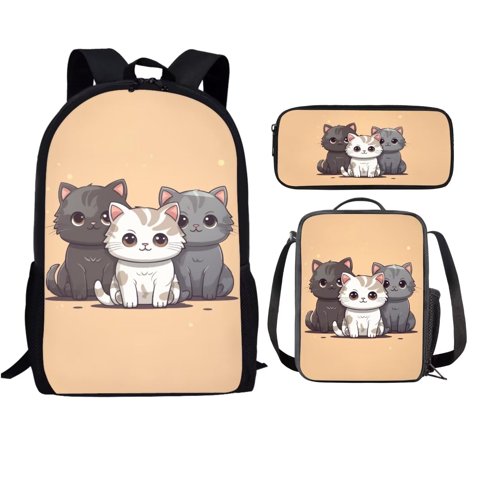Showudesigns Cute Cat School Bag With Lunch Bag for Girls 7-10/10-12 Kids Backpack Boys Primary Elementary School Bookbag Lunchbox Pencil Pen Case