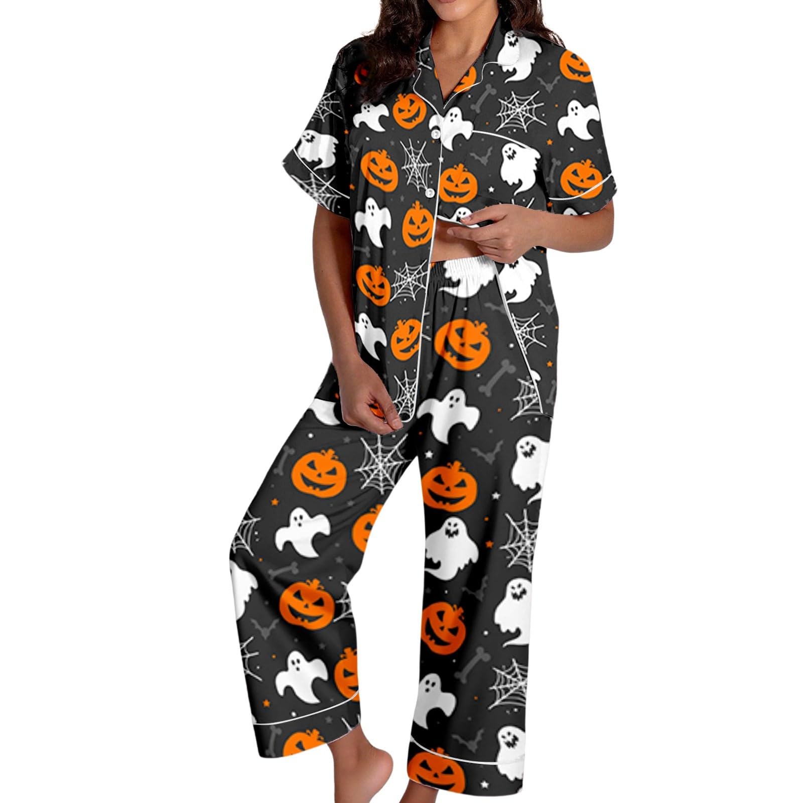 Halloween Kürbis Print Kurzarmhemden und Lange Hosen Damen Pyjama Set für Nachtwäsche Pyjama Set
