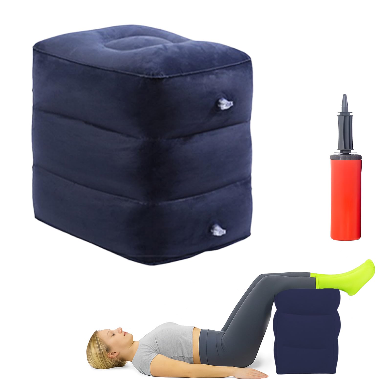 Bandscheibenwürfel Aufblasbar mit Pumpe, Stufenlagerungswürfel, Schaumstoffwürfel, Aufblasbarer Hocker, Fußstütze Flugzeug Kinder (Dunkelblau, 3 Schichten)