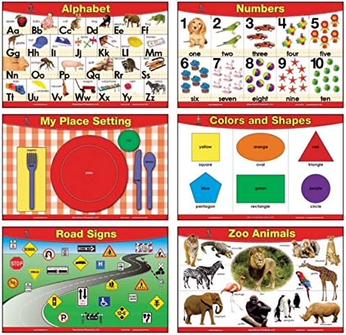 brainymats Educational Kids Placemats Set of 4 + 2 FREE (Basic Skills)- Alphabet, Counting 1 to 10, Place Setting, Colors and Shapes Plus 2 - FREE- Zoo Animals and Road Signs - Double Sided - Washable