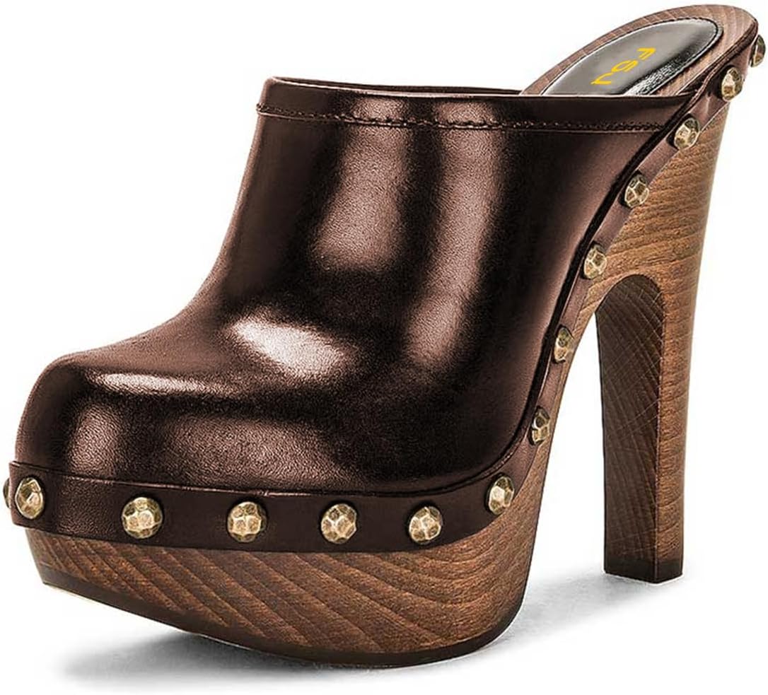 FSJ Women Closed Round Toe Mules Wooden Block High Heel Clogs Slip On Studded Platform Sandals Slide Shoes Size 4-16 US